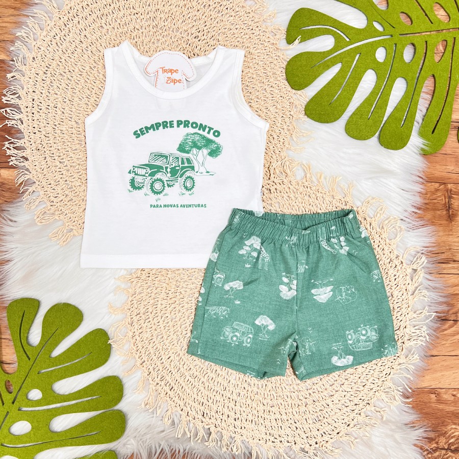 Conj. Regata Sempre Pronto Para Novas Aventuras e Bermuda - Off White e Verde